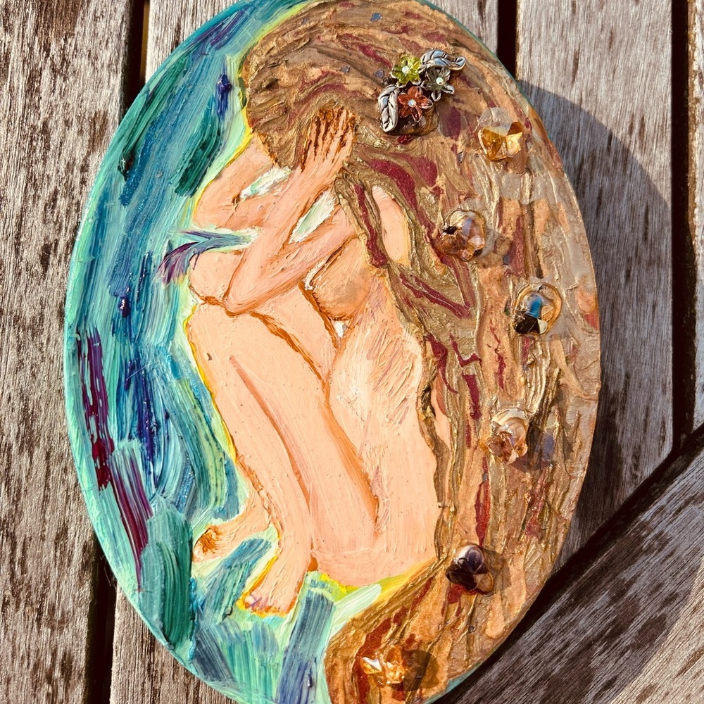Original, handmade oil painting  Abstract Nude with Crystal beads. Motherhood